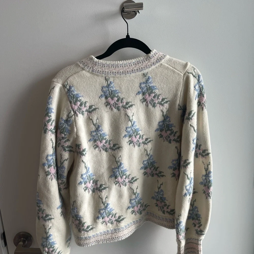 Love Shack Fancy Floral Knit Cardigan Sweater - White and Blue - Picture 8 of 8